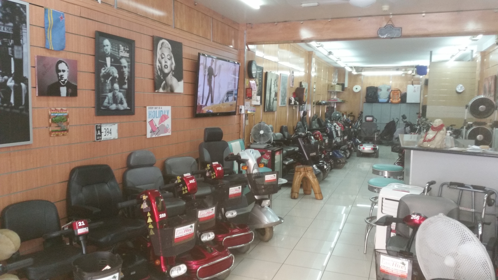 EasyHire Shop in benidorm, mobility scooters ready to be hired.